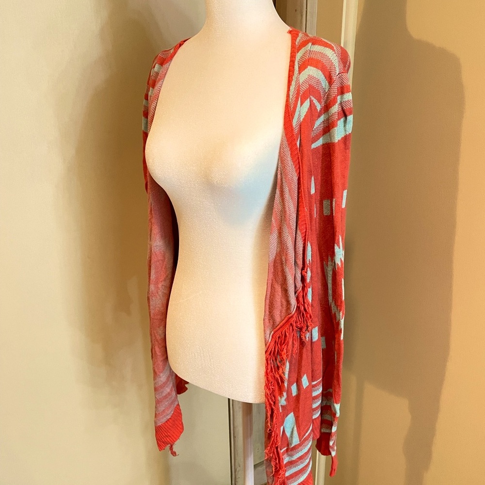 Umgee USA orange tribal geometric sweater wrap cardigan, small 28”